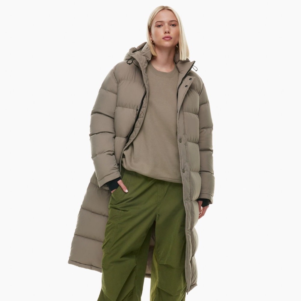 Aritzia Long Puffer Coat in Taupe
